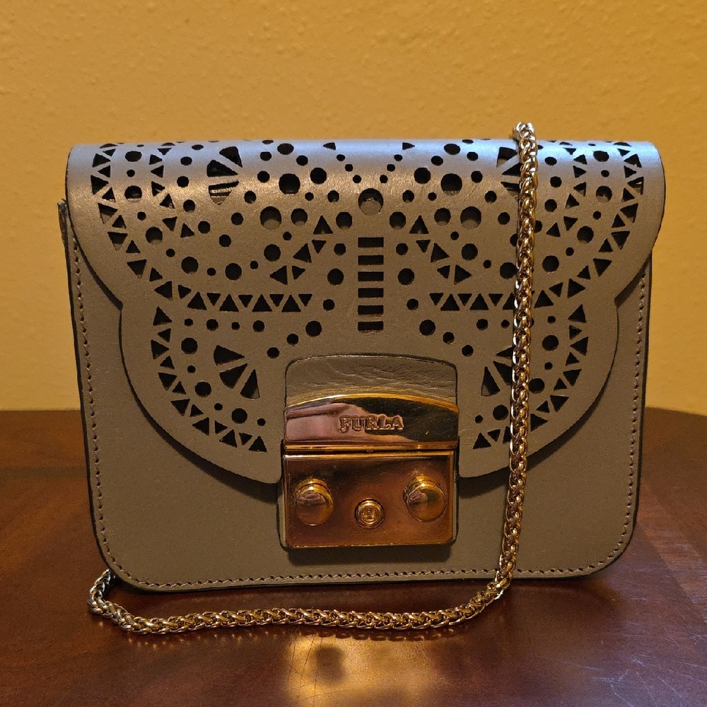 Furla Gray Crossbody Bag with Gold Chain